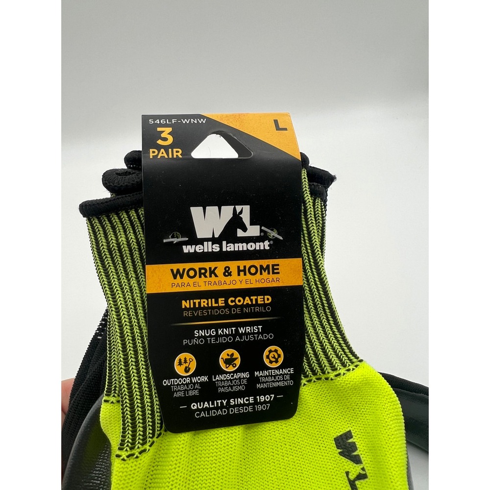 Wells Lamont 3 Pair Nitrile Coated Work Gloves Large Neon Yellow Black 546LF-WNW